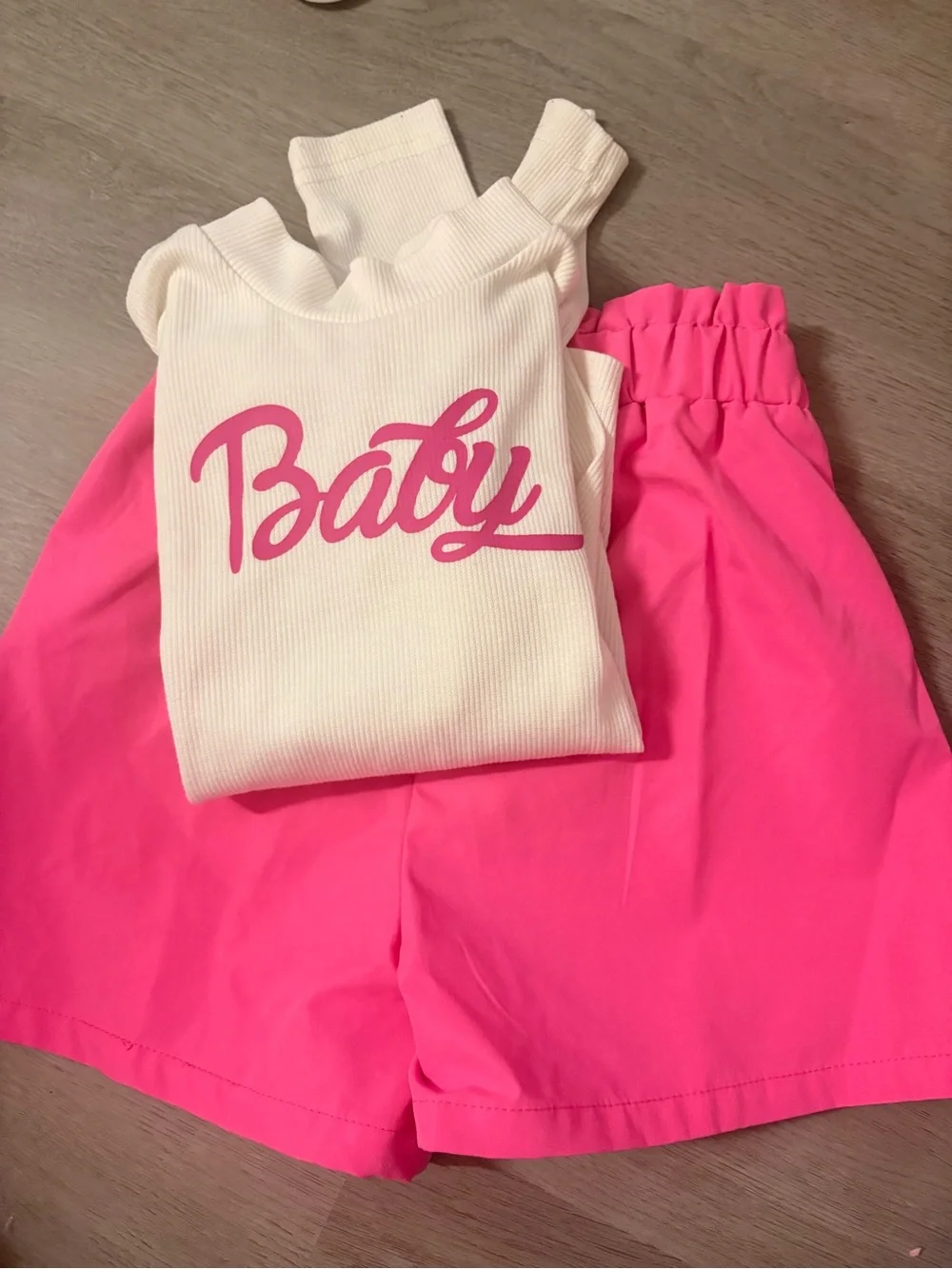 Kids Pink Elastic Waist Shorts with White 'Baby' Top